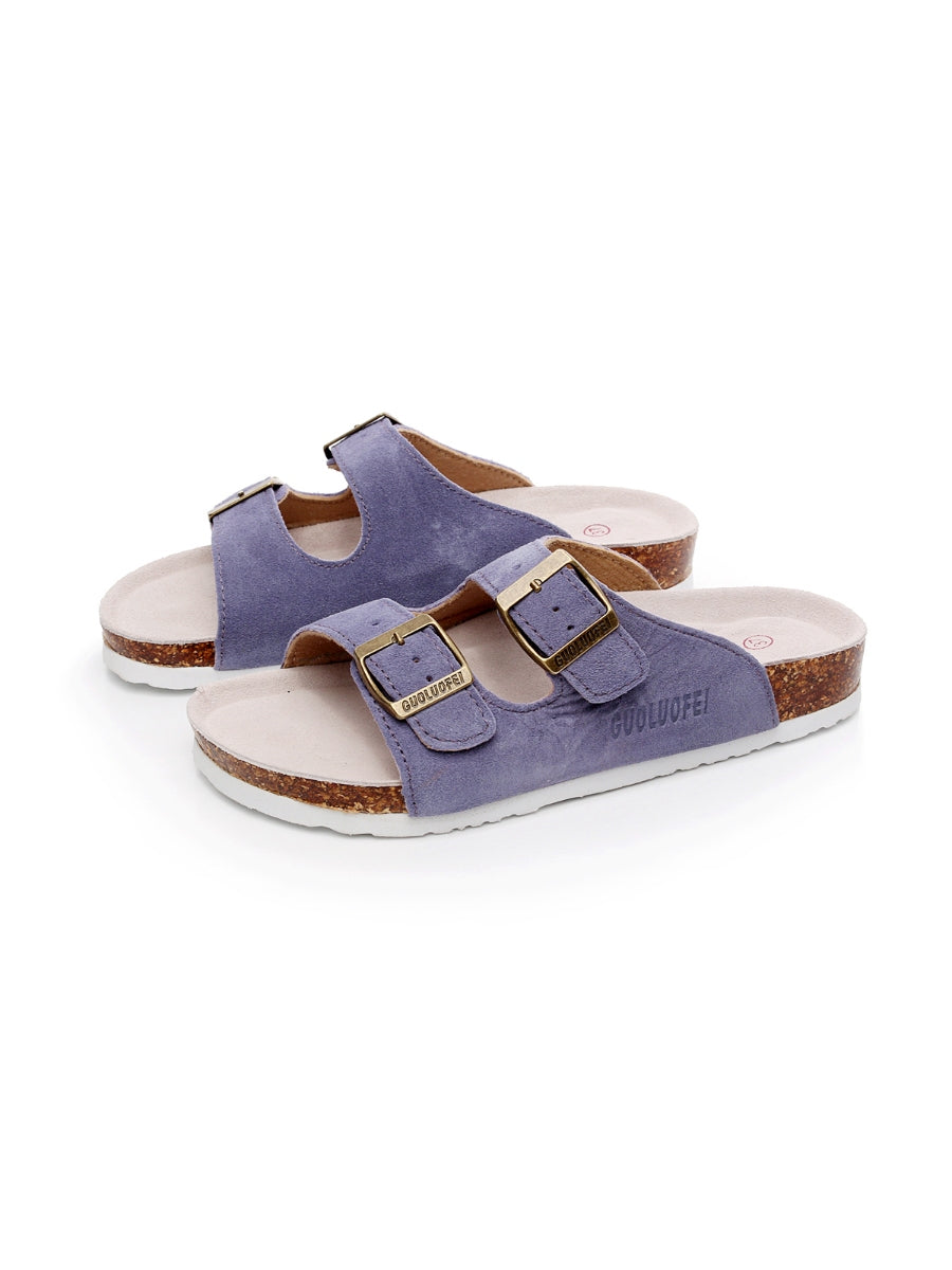 Maibulun | Mauve Double-Buckle Wide-Strap Suede Leather Sandals