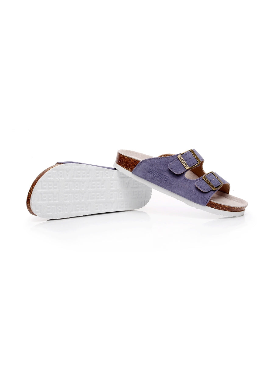 Maibulun | Mauve Double-Buckle Wide-Strap Suede Leather Sandals