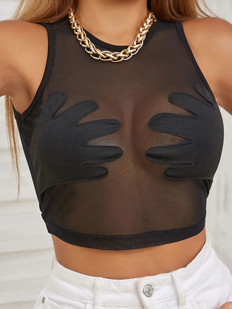 Mesh Patchwork Vest Women Sexy Round Neck Sleeveless Summer Body-Shaping See Through Hipster Crop Tops Lady Tank