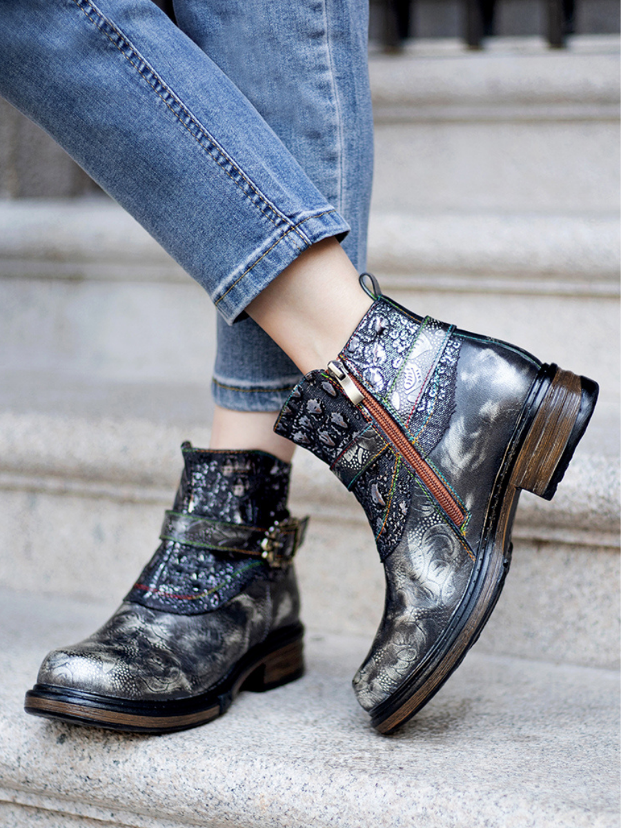 SOFFIA | Meteorite Floral Embossed Leather Chelsea Boot