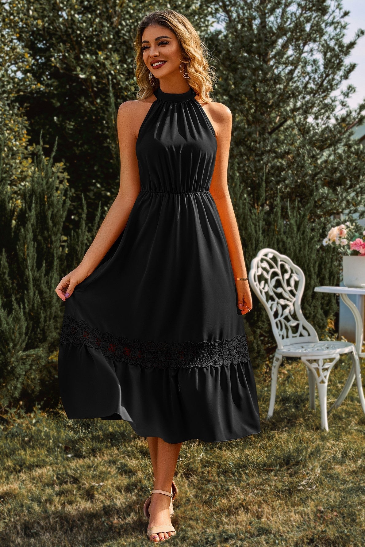 Mid-high Collar Sleeveless Lace Hem Trim Midi Dress