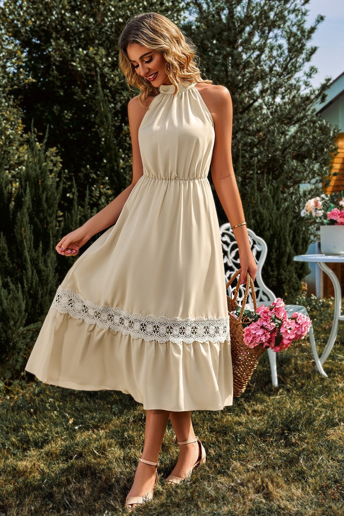 Mid-high Collar Sleeveless Lace Hem Trim Midi Dress