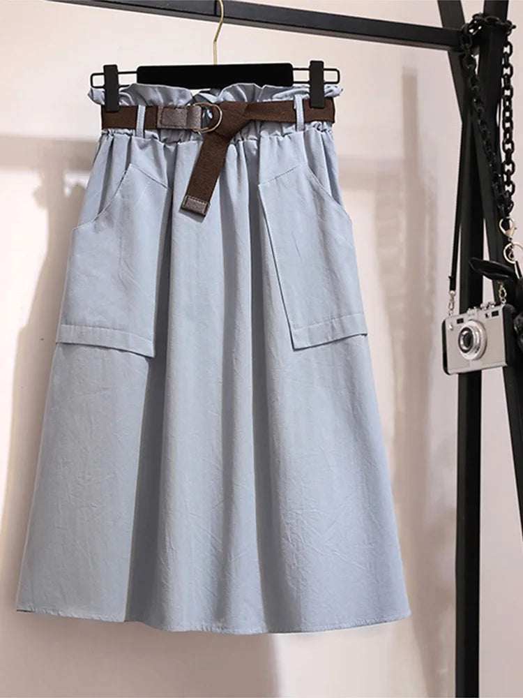 Midi Knee Length Summer Autumn Skirt Women No Belt Casual Cotton Solid High Waist Sun School Skirt Female