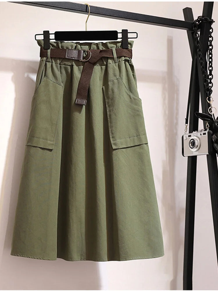 Midi Knee Length Summer Autumn Skirt Women No Belt Casual Cotton Solid High Waist Sun School Skirt Female