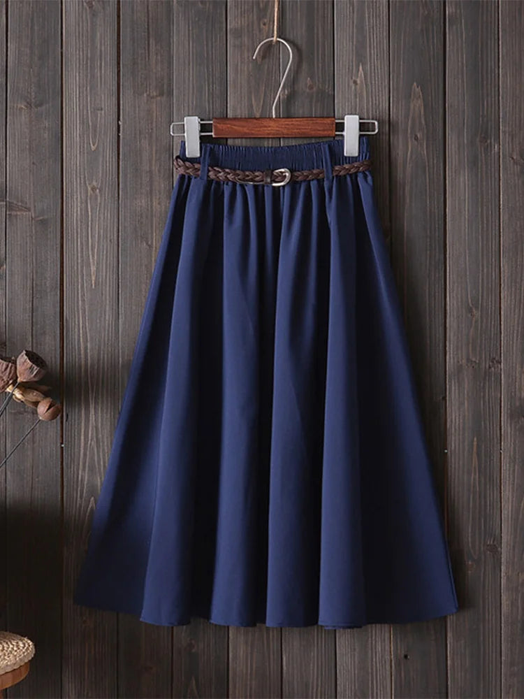 Midi Knee Length Summer Skirt Women With Belt 2024 Fashion Korean Ladies High Waist Pleated A-line School Skirt Female