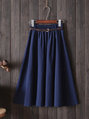 Midi Knee Length Summer Skirt Women With Belt 2024 Fashion Korean Ladies High Waist Pleated A-line School Skirt Female