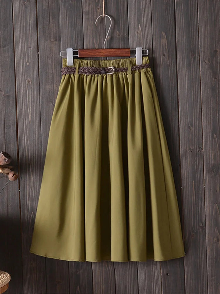 Midi Knee Length Summer Skirt Women With Belt 2024 Fashion Korean Ladies High Waist Pleated A-line School Skirt Female