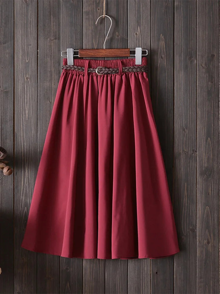 Midi Knee Length Summer Skirt Women With Belt 2024 Fashion Korean Ladies High Waist Pleated A-line School Skirt Female