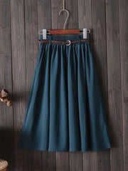 Midi Knee Length Summer Skirt Women With Belt 2024 Fashion Korean Ladies High Waist Pleated A-line School Skirt Female