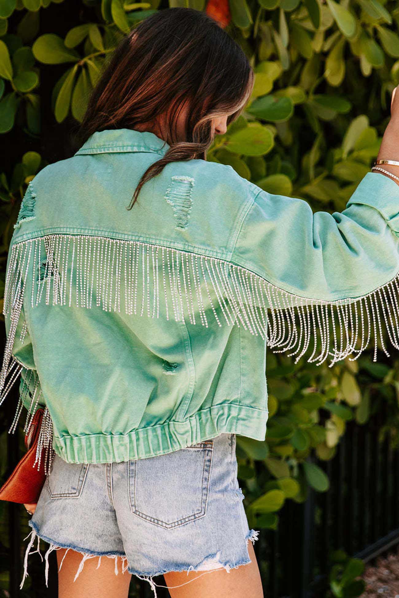 Mint green Chain Tassel Denim Jacket