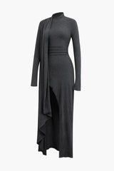 Moko Grey Wrap Ruched Long Sleeve Slit Maxi Dress