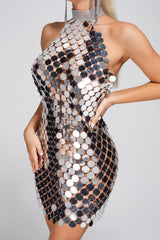 Monica Silver Halter Sequin Embellished Mini Dress