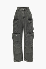 Morgan Black Multi Pocket Rolled Hem Wide Leg Cargo Jeans