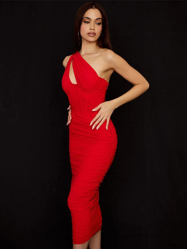 Mozision Elegant One Shoulder Ruched Midi Dress For Women Club Party Outfits Summer New Sleeveless Backless Bodycon Long Dress