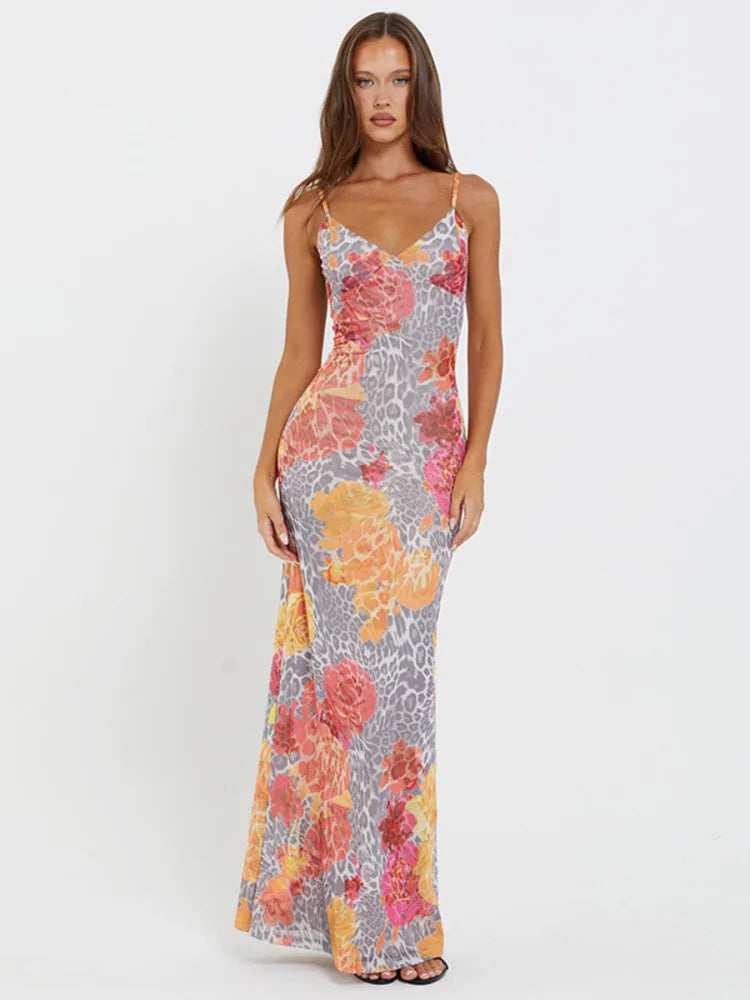 Mozision Elegant Print Backless Sexy Long Dress For Women Summer New Spaghetti Strap Sleeveless Printed Maxi Dress Fashion