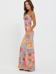 Mozision Elegant Print Backless Sexy Long Dress For Women Summer New Spaghetti Strap Sleeveless Printed Maxi Dress Fashion