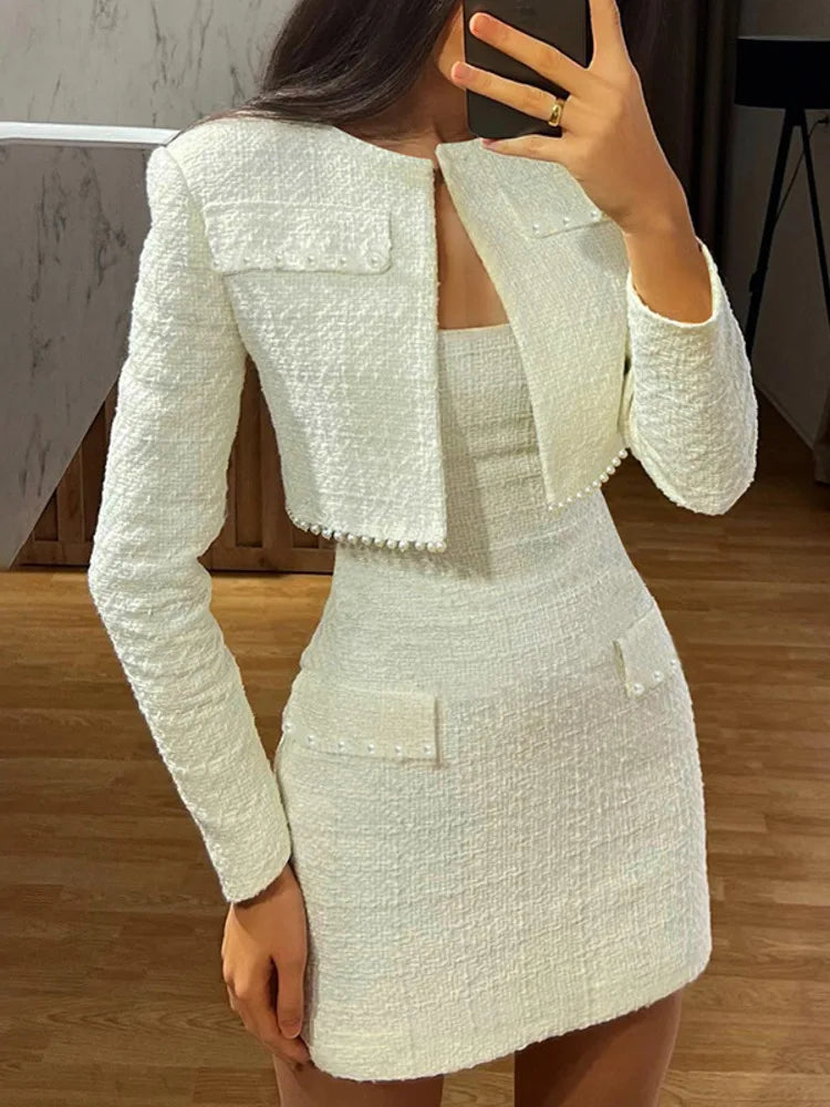 Pearl Dress Sets Women Autumn Long Sleeve Coat And Mini Dress Two Piece Sets Femme Sexy Strapless Dress Matching Sets