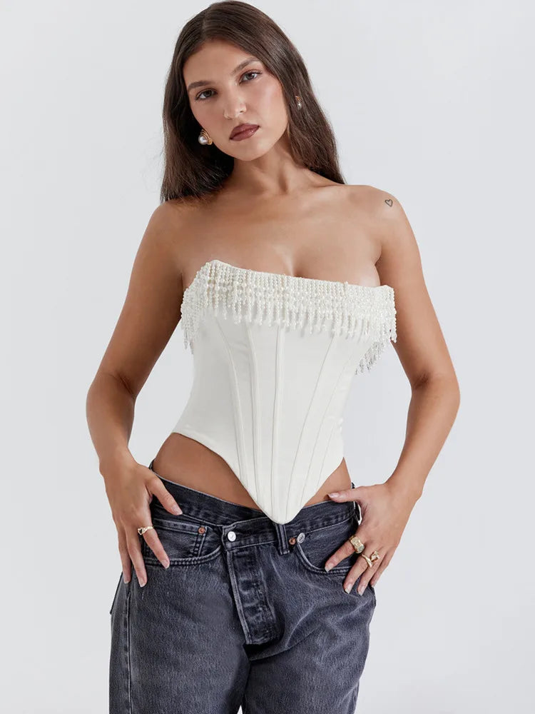 Mozision Pearl Tassel Sexy Crop Tops Women Off-shoulder Backless Skinny Corset Tops Femme Satin Fashion Club Party Tops Mujer