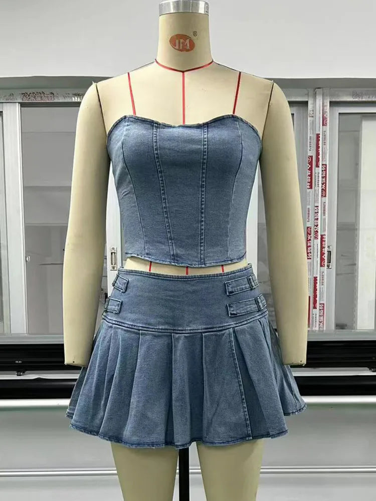 Mozision Sexy Denim Skirt Sets Women Strapless Crop Tops And Mini Skirt Ladies Fashion Club Party Pleated Skirt Two Piece Set