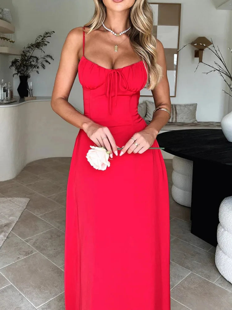 Mozision Spaghetti Strap Backless Pleated Long Dress For Women Fashion Lace Up Sleeveless A-line Loose Sexy Maxi Dress 2024