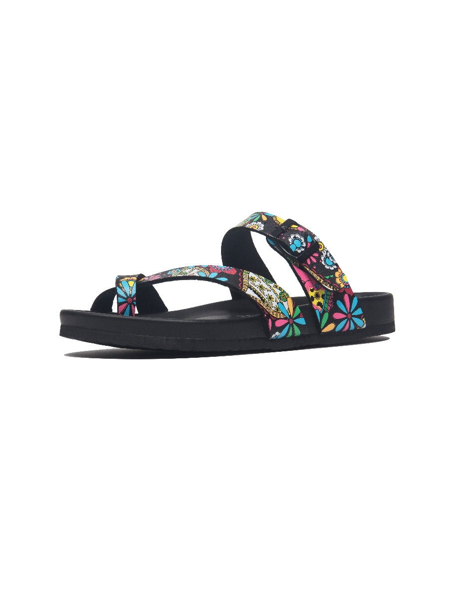 MAIBULUN | BLACK TROPICAL PRINT FOOTBED SANDAL