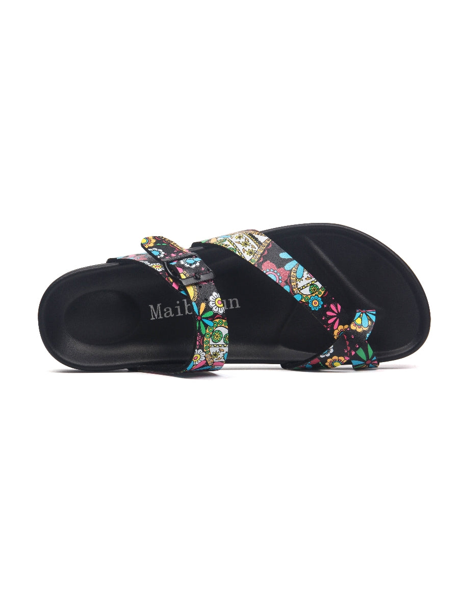 MAIBULUN | BLACK TROPICAL PRINT FOOTBED SANDAL