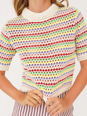 BEE CROCHET KNIT TOP - MULTI STRIP