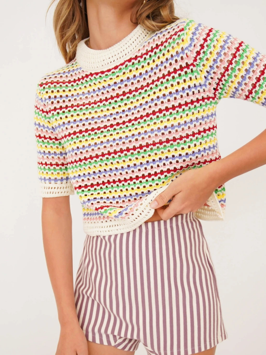 BEE CROCHET KNIT TOP - MULTI STRIP