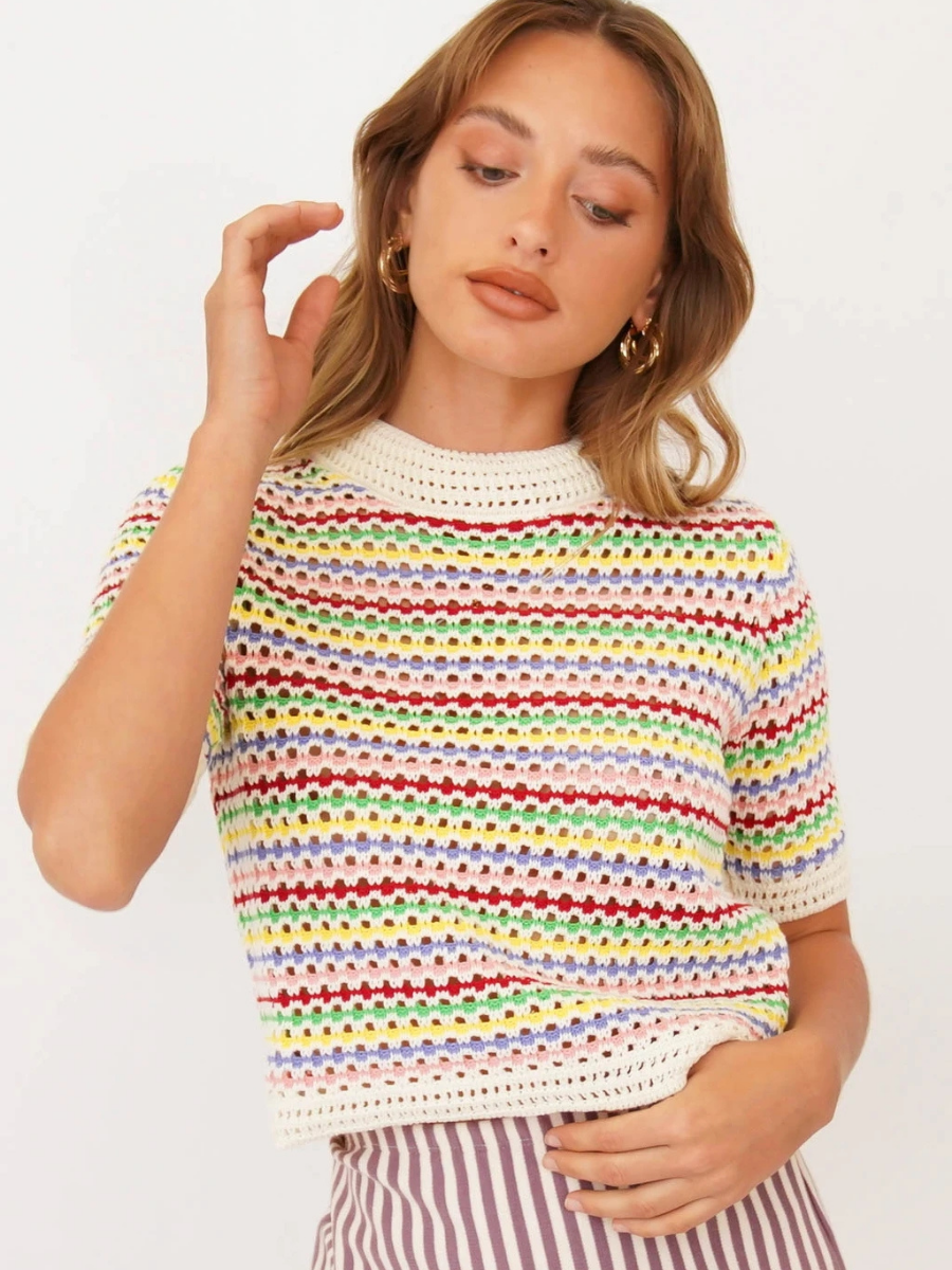 BEE CROCHET KNIT TOP - MULTI STRIP