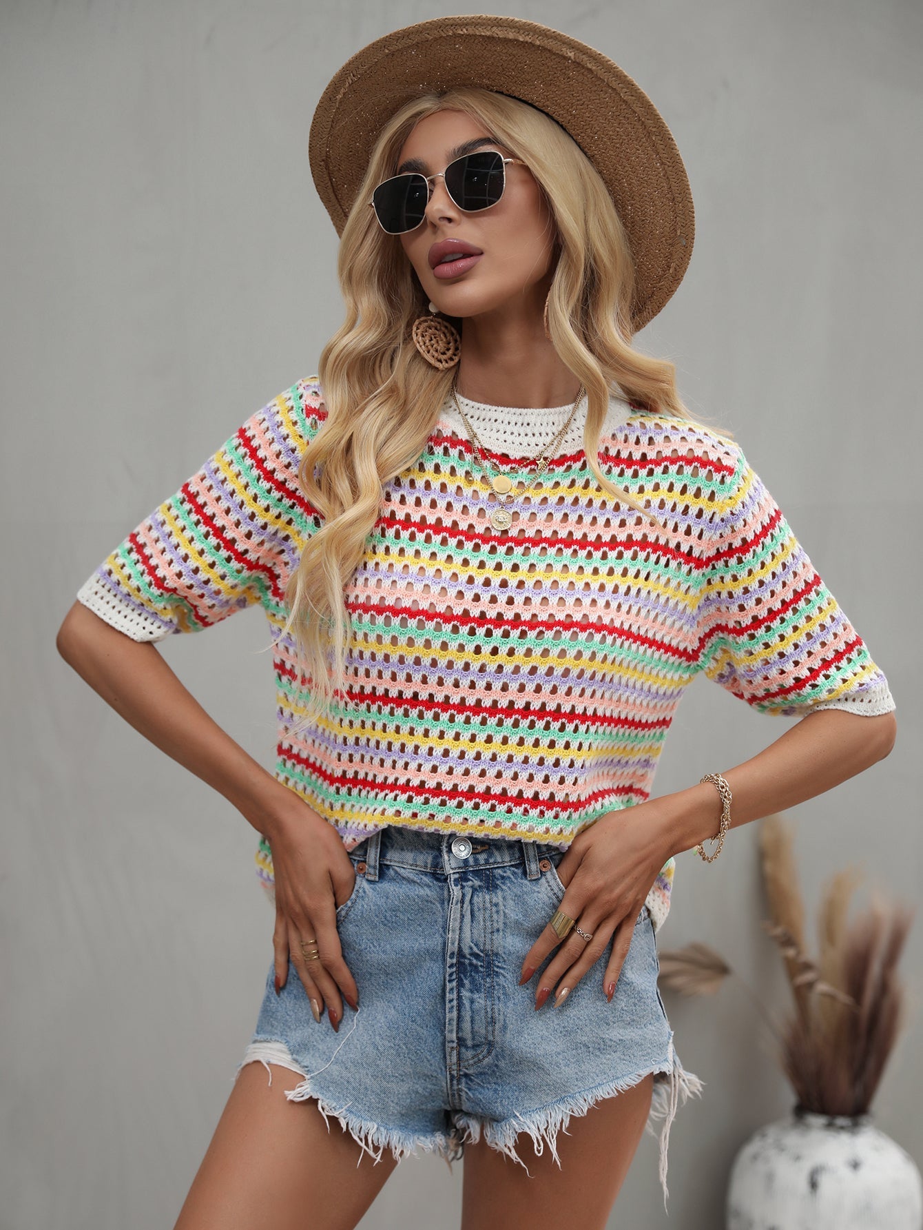 BEE CROCHET KNIT TOP - MULTI STRIP