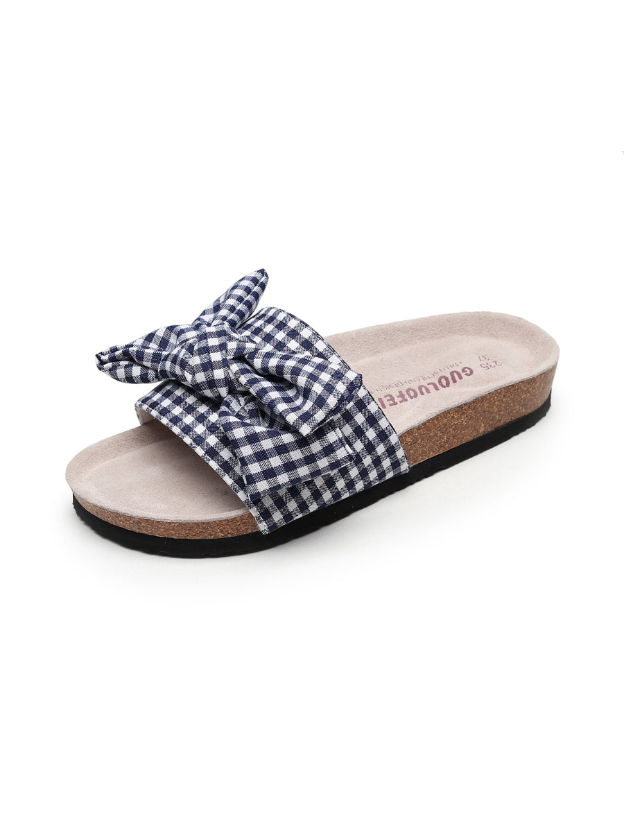 Maibulun | Navy Gingham Bow Sandals Slides