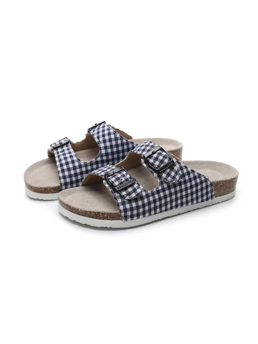 Maibulun | Tartan Gingham Double-Buckle Sandals Slides - Navy