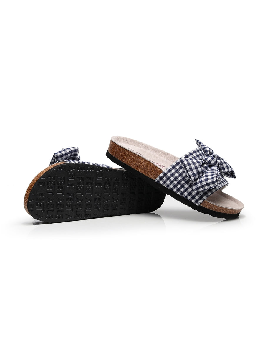 Maibulun | Navy Gingham Bow Sandals Slides