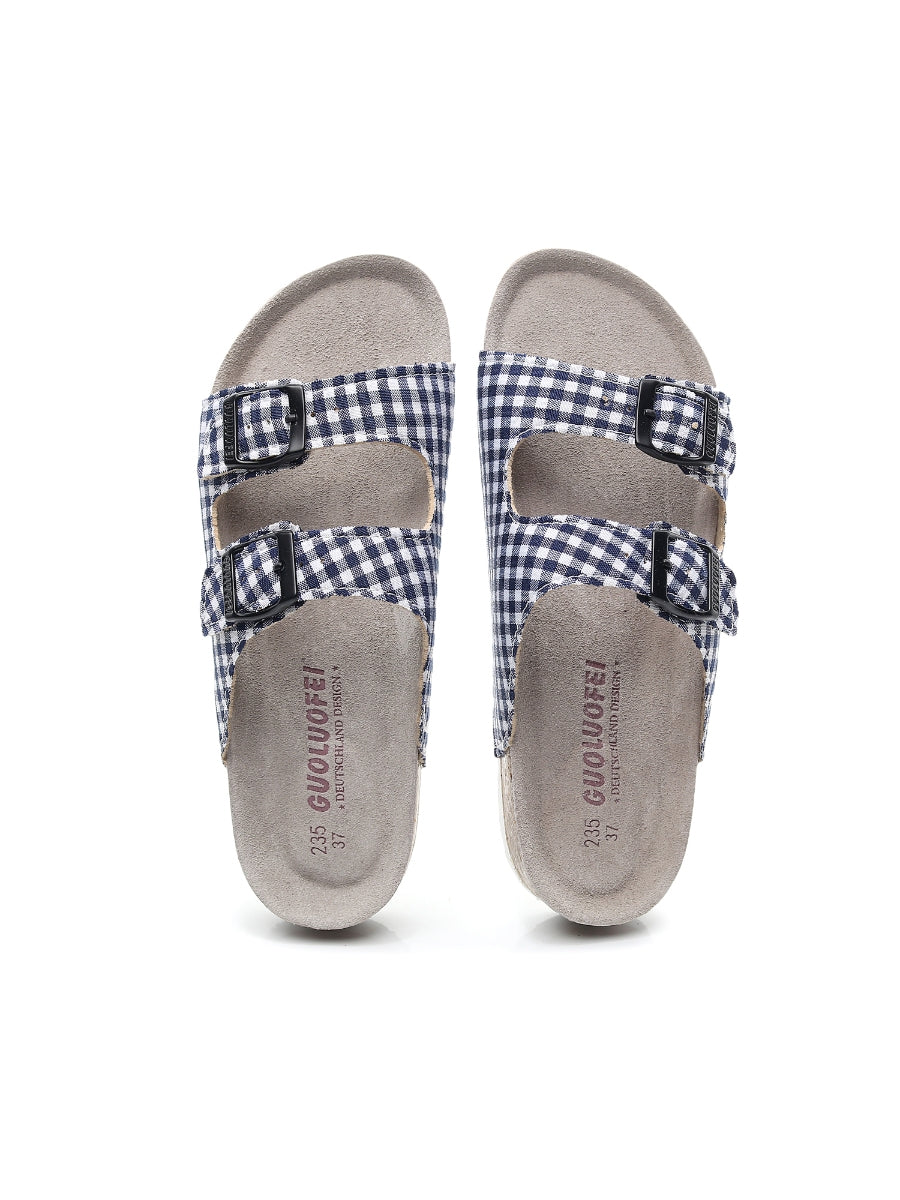 Maibulun | Tartan Gingham Double-Buckle Sandals Slides - Navy