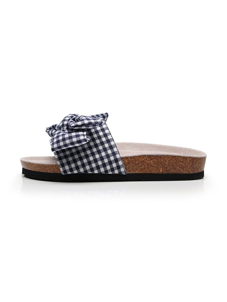 Maibulun | Navy Gingham Bow Sandals Slides