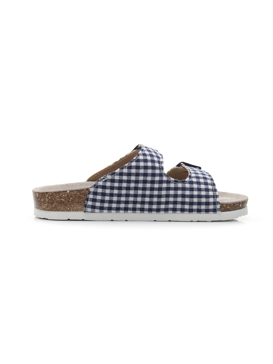 Maibulun | Tartan Gingham Double-Buckle Sandals Slides - Navy