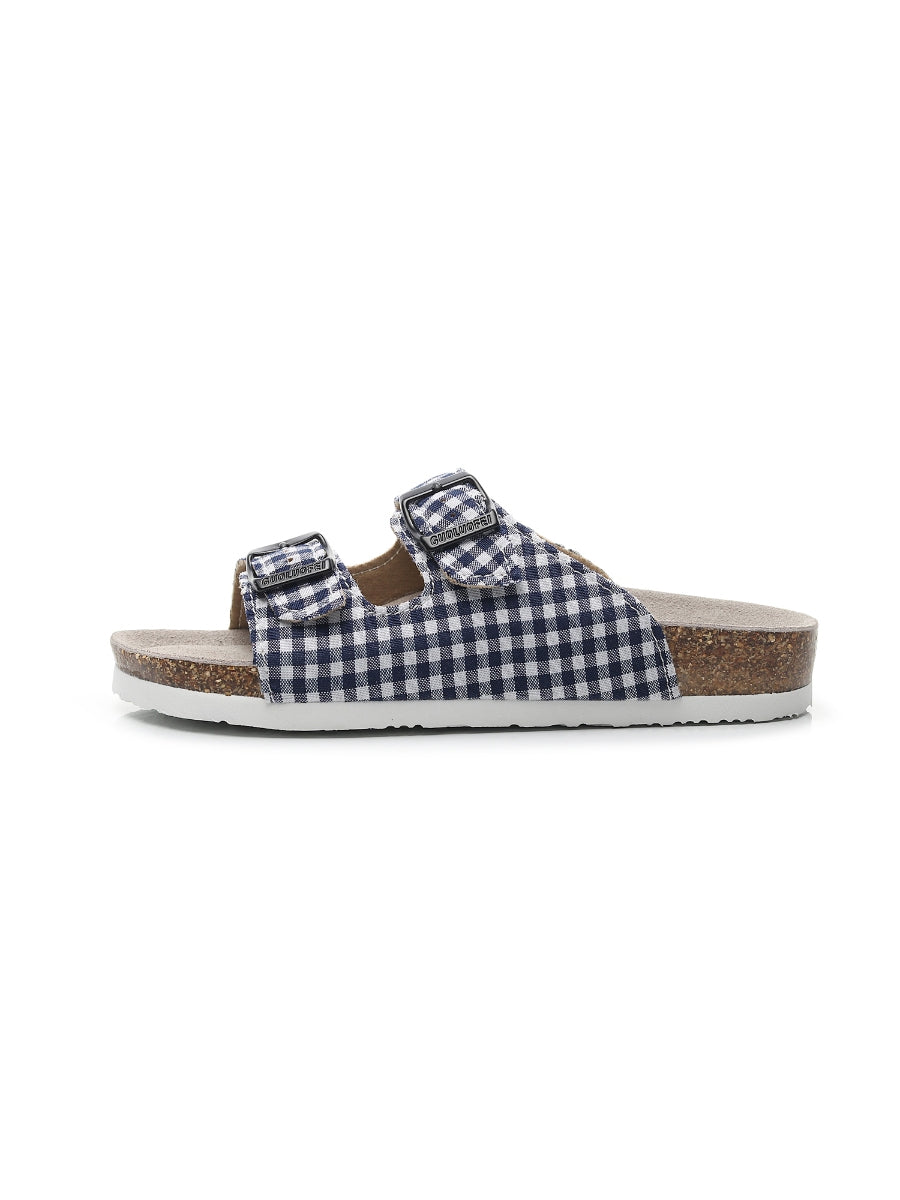 Maibulun | Tartan Gingham Double-Buckle Sandals Slides - Navy