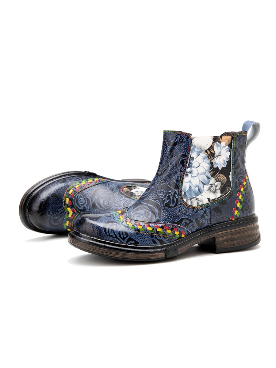 SOFFIA | Genuine Leather Blue Chrysanthemum Side Floral Embossed Leather Chelsea Ankle Boots