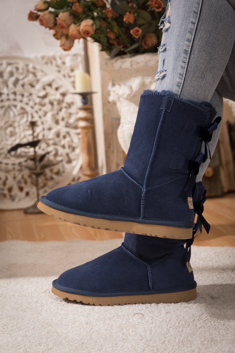 SMAIBULUN Ugg | DOUBLE RIBBON BOW SUEDE BOOT - Navy