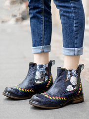 SOFFIA | Genuine Leather Blue Chrysanthemum Side Floral Embossed Leather Chelsea Ankle Boots