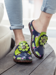 SOFFIA | Floral Appliqued Cut-Out Leather Sandal - Navy