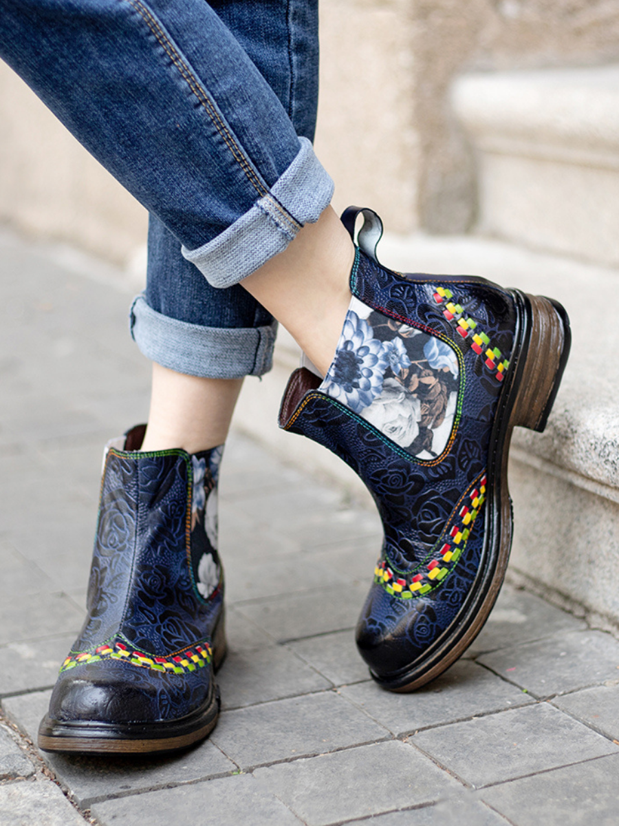 SOFFIA | Genuine Leather Blue Chrysanthemum Side Floral Embossed Leather Chelsea Ankle Boots