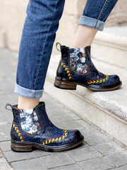 SOFFIA | Genuine Leather Blue Chrysanthemum Side Floral Embossed Leather Chelsea Ankle Boots