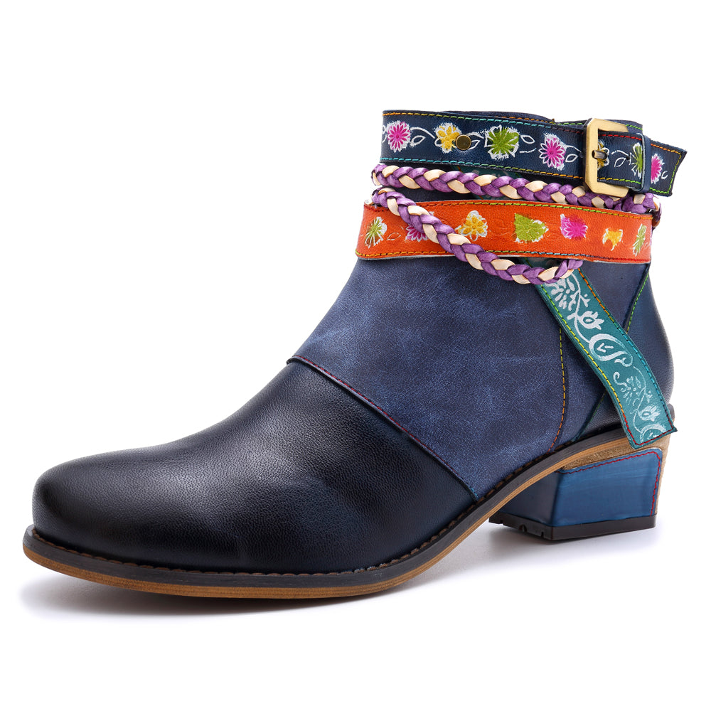 Soffia | Genuine Leather Woven Multi-Strap Flat Ankle Boots