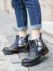 SOFFIA | Genuine Leather Blue Chrysanthemum Side Floral Embossed Leather Chelsea Ankle Boots