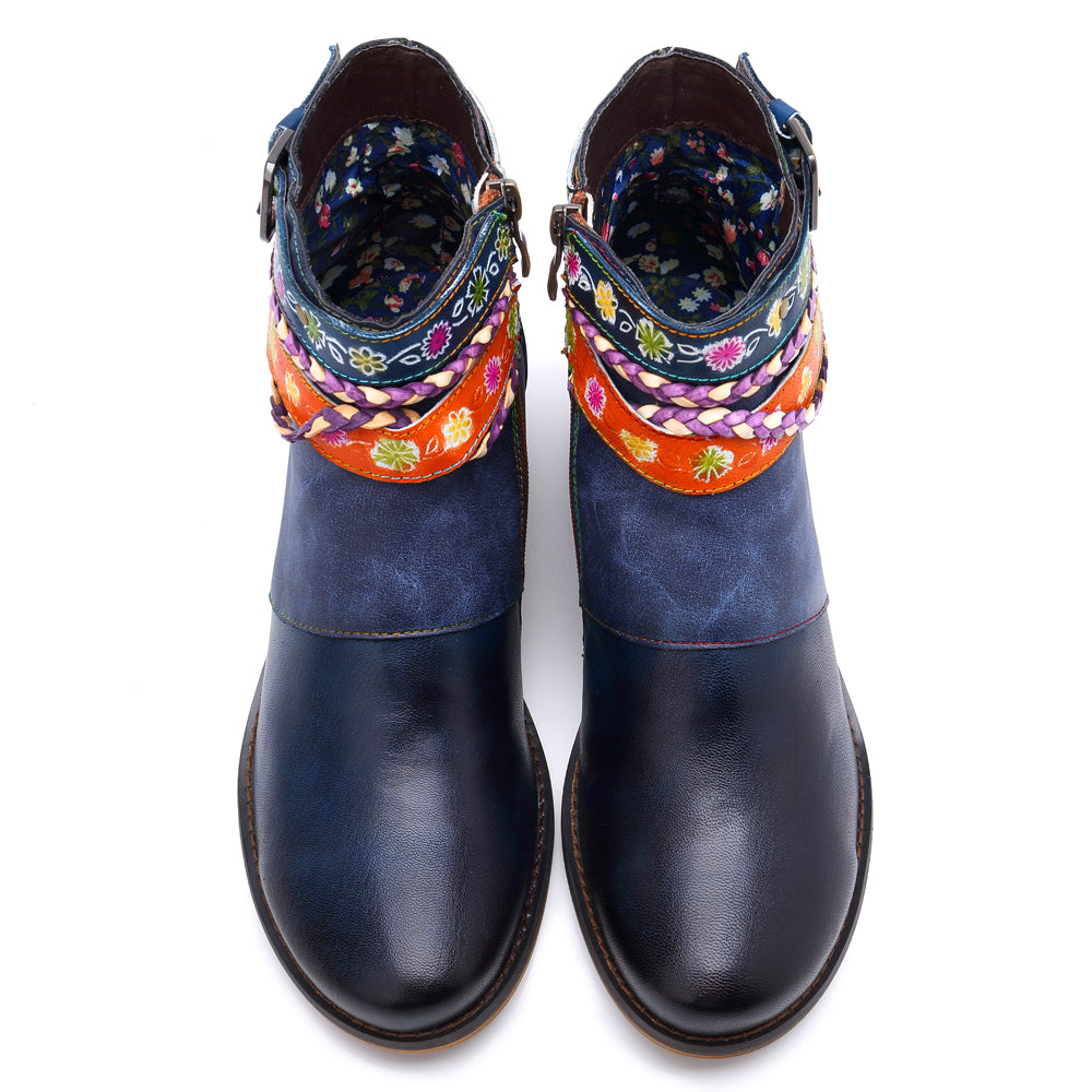 Soffia | Genuine Leather Woven Multi-Strap Flat Ankle Boots