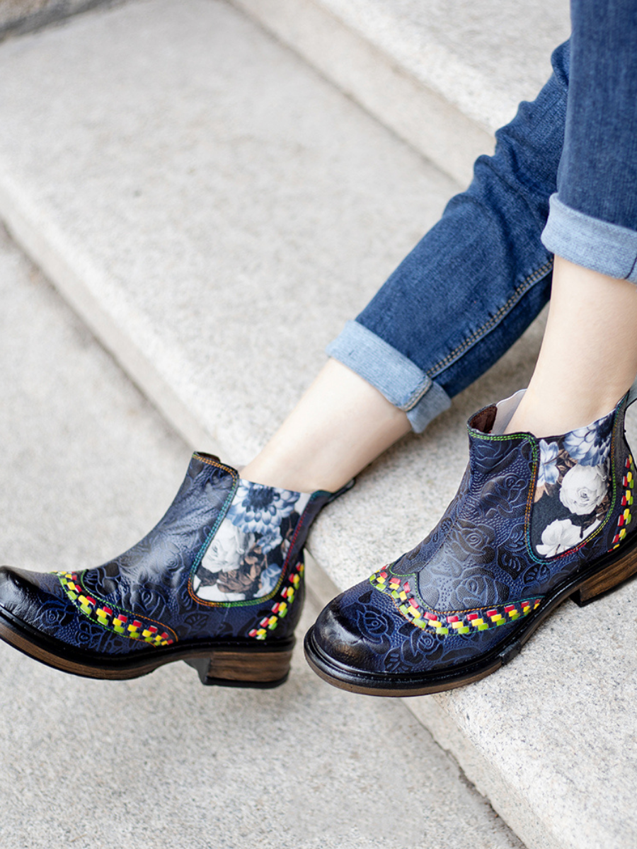 SOFFIA | Genuine Leather Blue Chrysanthemum Side Floral Embossed Leather Chelsea Ankle Boots