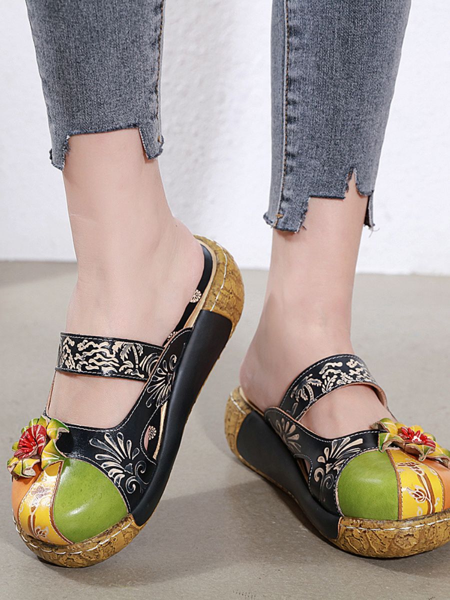 SOFFIA | FLORAL-APPLIQUE LEATHER PLATFORM SANDAL