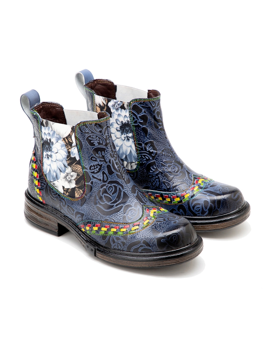 SOFFIA | Genuine Leather Blue Chrysanthemum Side Floral Embossed Leather Chelsea Ankle Boots