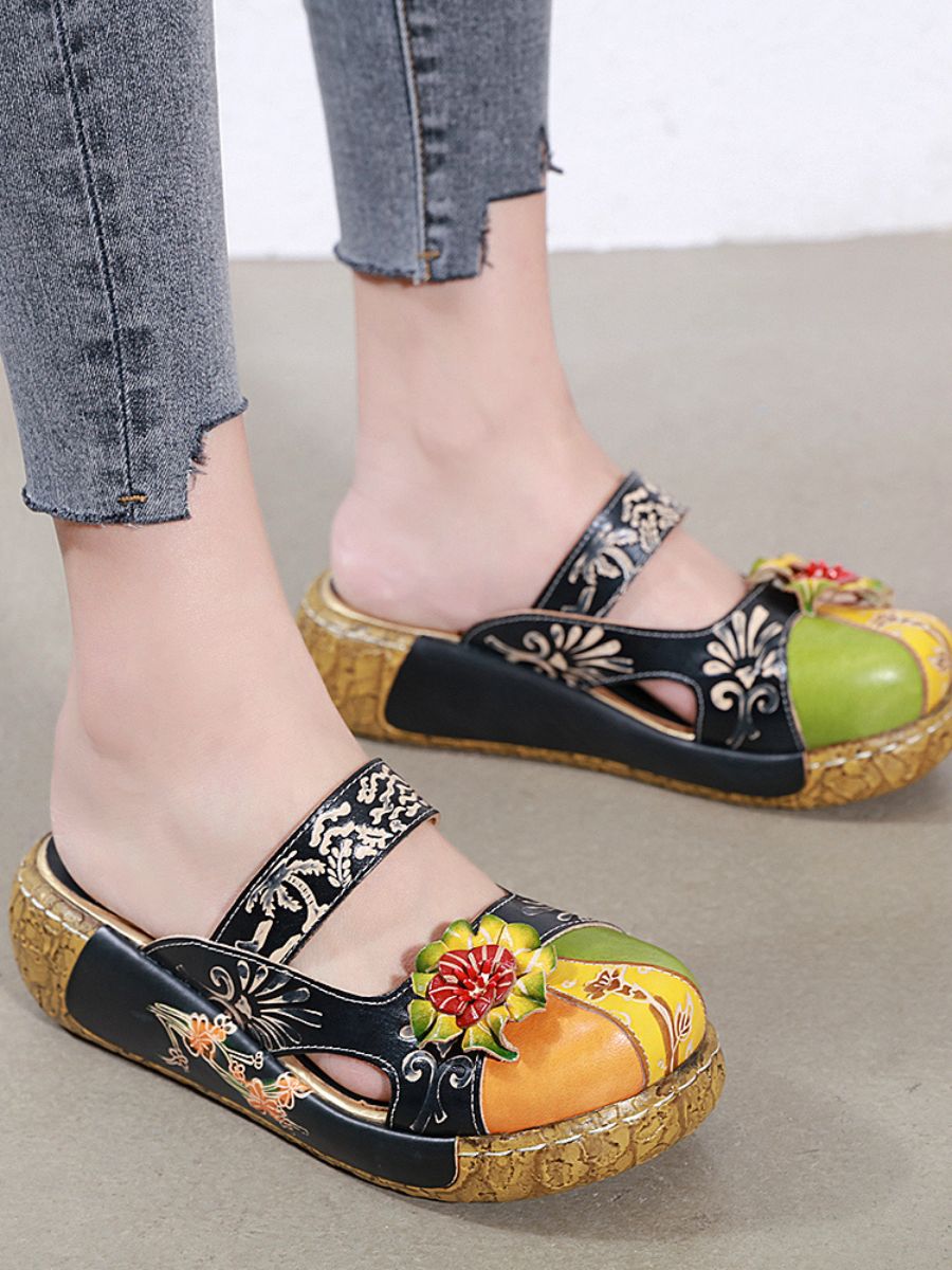 SOFFIA | FLORAL-APPLIQUE LEATHER PLATFORM SANDAL